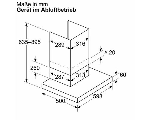 Maße der Dunstabzugshaube im Abluftbetrieb