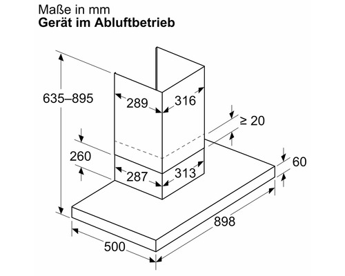 Maße einer Dunstabzugshaube für Abluftbetrieb mit Maßangaben in Millimeter