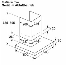 Abmessungen Dunstabzugshaube im Abluftbetrieb, Masse in Millimeter