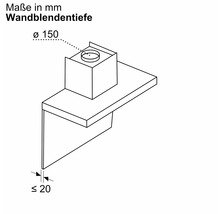 Maße der Wandblendtiefe mit einem Durchmesser von 150 Millimetern und einer Tiefe von maximal 20 Millimetern.