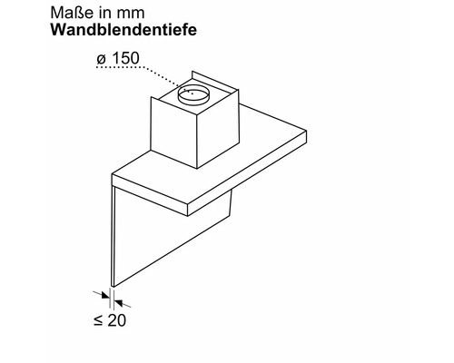 Maße der Wandblendtiefe mit einem Durchmesser von 150 Millimetern und einer Tiefe von maximal 20 Millimetern.