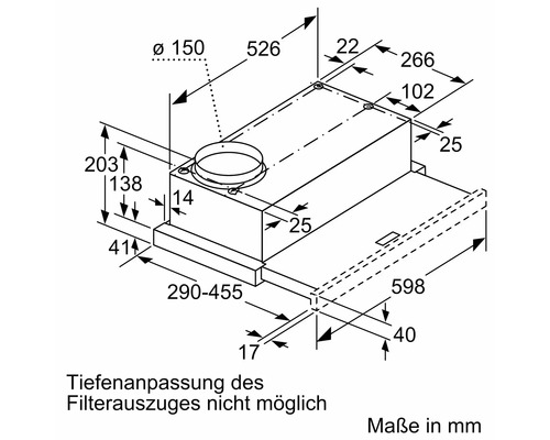 Maßzeichnung einer Dunstabzugshaube mit diversen Maßangaben in Millimetern