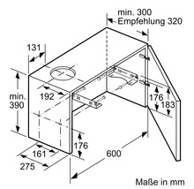 Maße einer Dunstabzugshaube mit Details in Millimeter