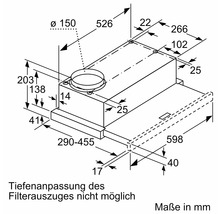 Technische Zeichnung einer Dunstabzugshaube mit Maßangaben