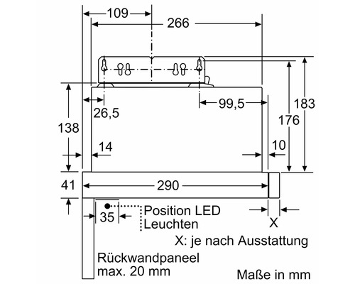 Maßzeichnung einer Dunstabzugshaube mit Angabe der Maße in Millimetern