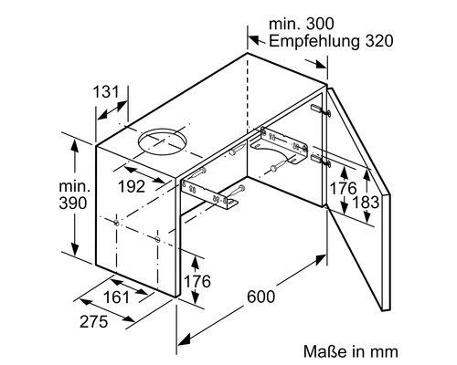Maßzeichnung eines Hängeschranks mit verschiedenen Maßangaben in Millimeter.