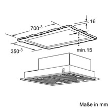 Technische Zeichnung einer Dunstabzugshaube mit Maßangaben