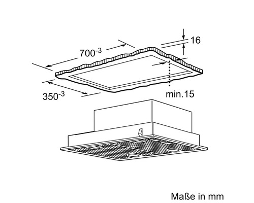 Technische Zeichnung einer Dunstabzugshaube mit Maßangaben