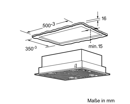 Technische Zeichnung einer Dunstabzugshaube mit Maßangaben