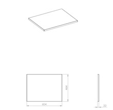 Draufsicht und technische Zeichnung einer Möbelplatte mit den Maßen 604 x 464 x 22 Millimeter.