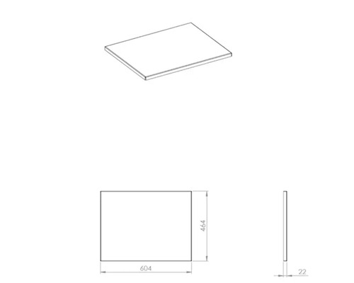 Draufsicht und technische Zeichnung einer Möbelplatte mit den Maßen 604 x 464 x 22 Millimeter.