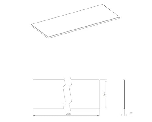 Technische Zeichnung einer Tischplatte mit den Maßen 1206 x 464 x 22 mm