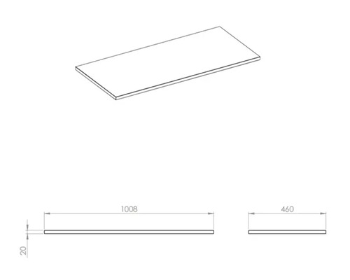 Skizze einer Arbeitsplatte mit den Maßen 1008 mm Länge, 460 mm Breite und 20 mm Dicke.