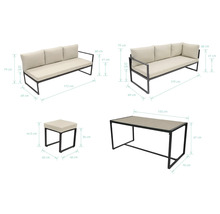 Gartenmöbelset mit Sofa, Tisch und Hocker mit Maßangaben