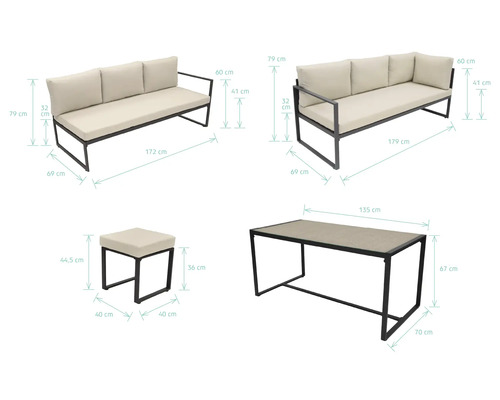 Gartenmöbelset mit Sofa, Tisch und Hocker mit Maßangaben
