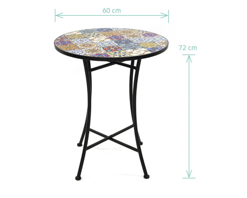 Runder Bistro-Tisch mit Mosaikplatte und Metallgestell, 60 cm Durchmesser und 72 cm Höhe