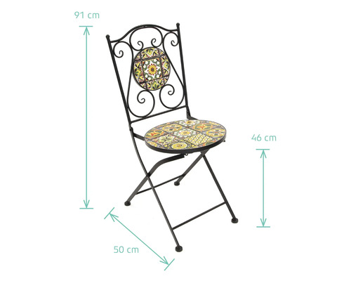 Gartenstuhl mit Mosaikmuster, klappbar, mit den Maßen 91 cm Höhe, 46 cm Sitzhöhe und 50 cm Breite