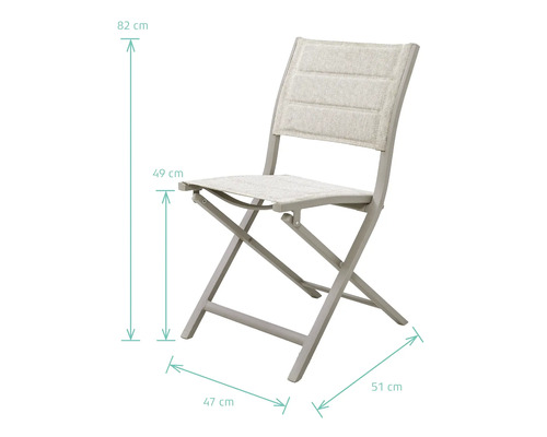 Gartensessel mit den Maßen 82 cm Höhe, 49 cm Sitzhöhe, 47 cm Breite und 51 cm Tiefe.