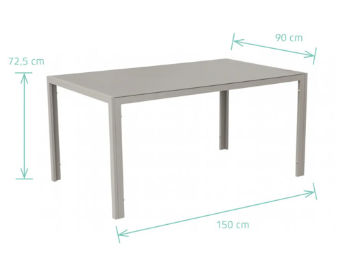 Rechteckiger Gartentisch mit den Maßen 150 mal 90 Zentimeter und einer Höhe von 72,5 Zentimeter.