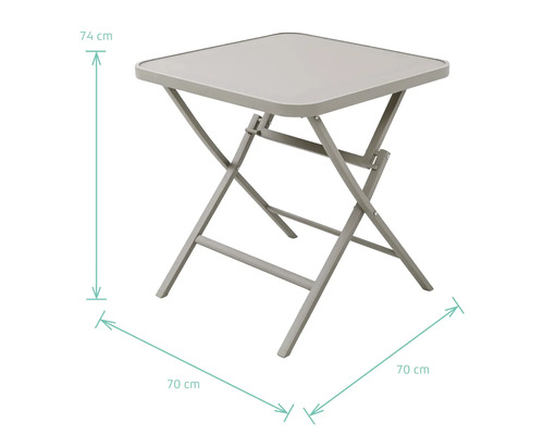 Quadratischer Klapptisch mit den Maßen 74 cm Höhe und 70 cm Breite.