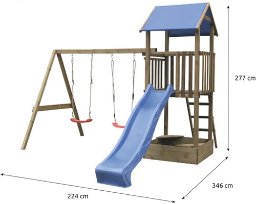 Spielturm mit Rutsche und Schaukel aus Holz, Abmessungen 277 cm Höhe, 224 cm Breite und 346 cm Tiefe