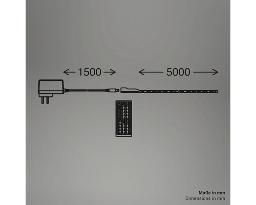 Abmessungen eines LED-Streifens mit Angabe der Maße in Millimetern