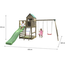 Spielturm mit Schaukel und Rutsche für Kinder mit den Maßen 430 mal 364 mal 252 Zentimeter