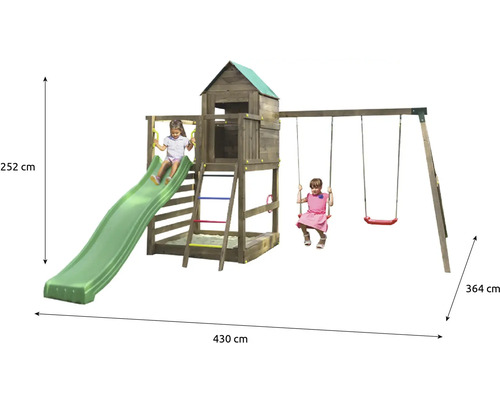 Spielturm mit Schaukel und Rutsche für Kinder mit den Maßen 430 mal 364 mal 252 Zentimeter