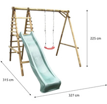 Holzspielturm mit Rutsche und Schaukel mit den Maßen 315 cm x 327 cm x 225 cm