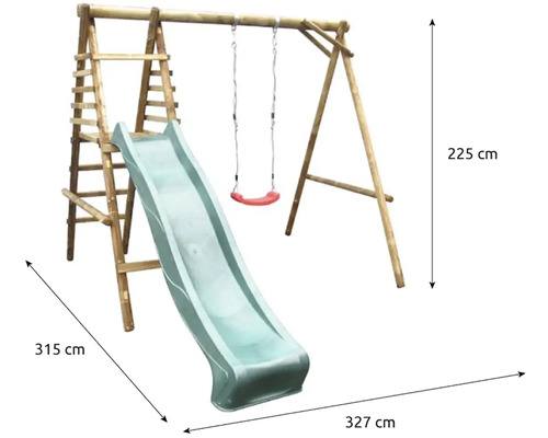 Holzspielturm mit Rutsche und Schaukel mit den Maßen 315 cm x 327 cm x 225 cm