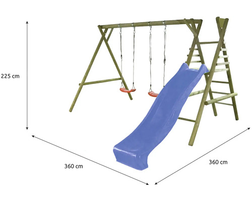 Holzschaukel mit Rutsche und Leiter für den Garten, Abmessungen 360 mal 360 mal 225 Zentimeter