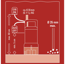 Diagramm einer Wasserpumpe mit Angaben zu Abmessungen und Füllstandshöhe