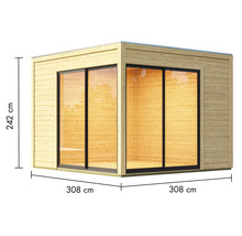 Gartenhaus aus Holz mit Schiebetüren und den Maßen 308 x 308 x 242 cm