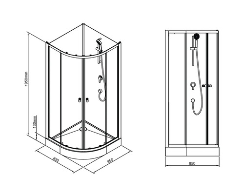 Technische Zeichnung einer Eckdusche mit Maßangaben