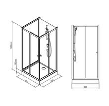 Technische Zeichnung einer Duschkabine mit den Maßen 900 x 900 x 1950 mm.