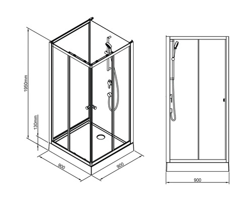 Technische Zeichnung einer Duschkabine mit den Maßen 900 x 900 x 1950 mm.
