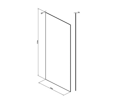 Abbildung einer Duschwand mit den Maßen 2100 mm Höhe und 960 mm Breite.