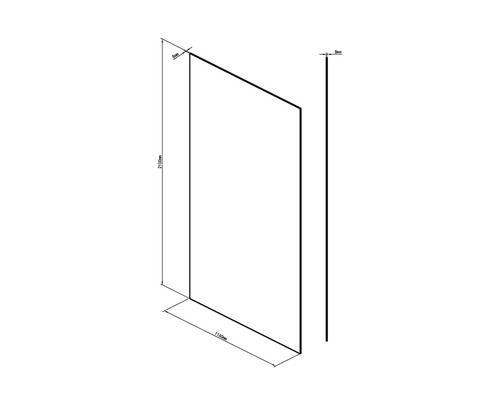 Technische Zeichnung einer Duschwand mit den Maßen 2100 mm Höhe, 1160 mm Breite und 8 mm Dicke.