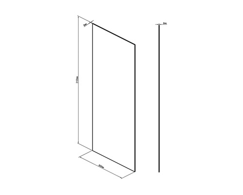 Skizze einer Duschwand mit den Maßen 2100 mm Höhe, 860 mm Breite und 8 mm Dicke.