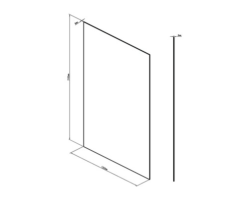 Skizze einer Duschwand mit den Maßen 2100 mm Höhe, 1360 mm Länge und 8 mm Dicke