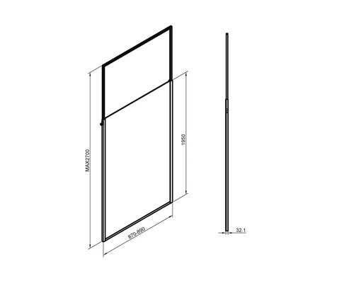 Zeichnung eines Duschabtrennungsprofils mit Maßangaben