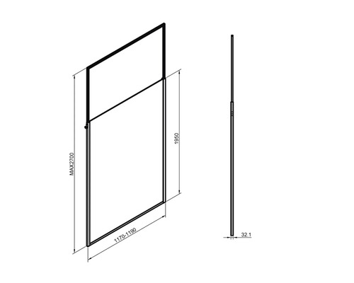 Technische Zeichnung einer Duschwand mit Maßangaben.