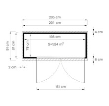Technische Zeichnung mit Maßangaben eines Gerätehauses