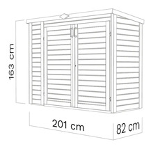 Technische Zeichnung eines Gerätehauses mit den Maßen 163 cm Höhe, 201 cm Breite und 82 cm Tiefe.