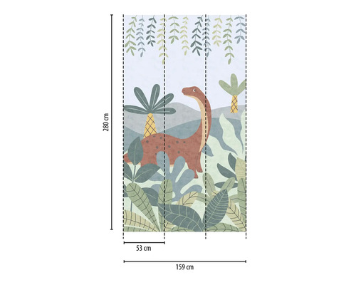 Tapete mit Dinosaurier und tropischen Pflanzen, Maße 159 mal 280 cm