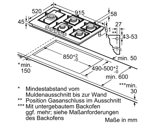 Technische Zeichnung eines Kochfelds mit Maßangaben