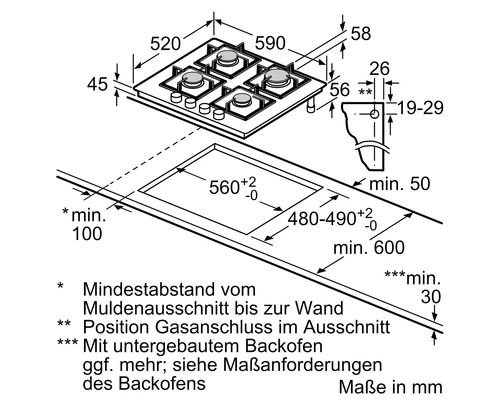 Einbau Gas Kochfeld mit Maßangaben