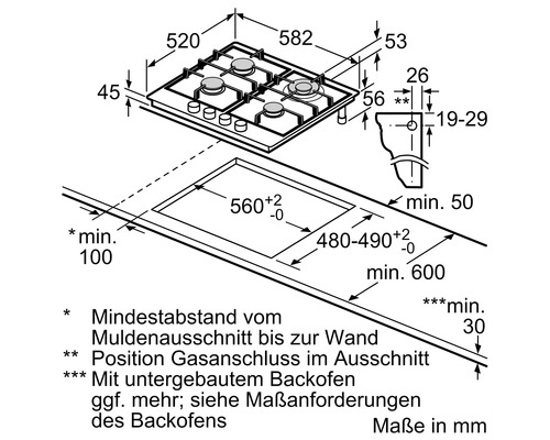 Maße des Gaskochfelds mit vier Kochstellen