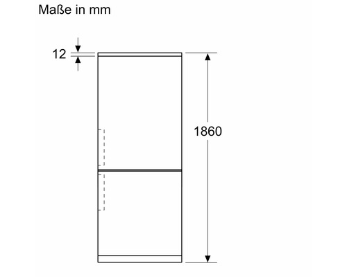 Maßzeichnung eines Kühlschranks mit einer Höhe von 1860 Millimeter und einer Tiefe von 12 Millimeter