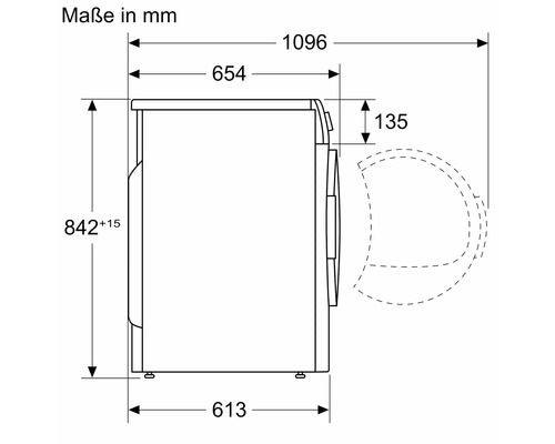 Maßzeichnung einer Waschmaschine mit Maßangaben in Millimeter